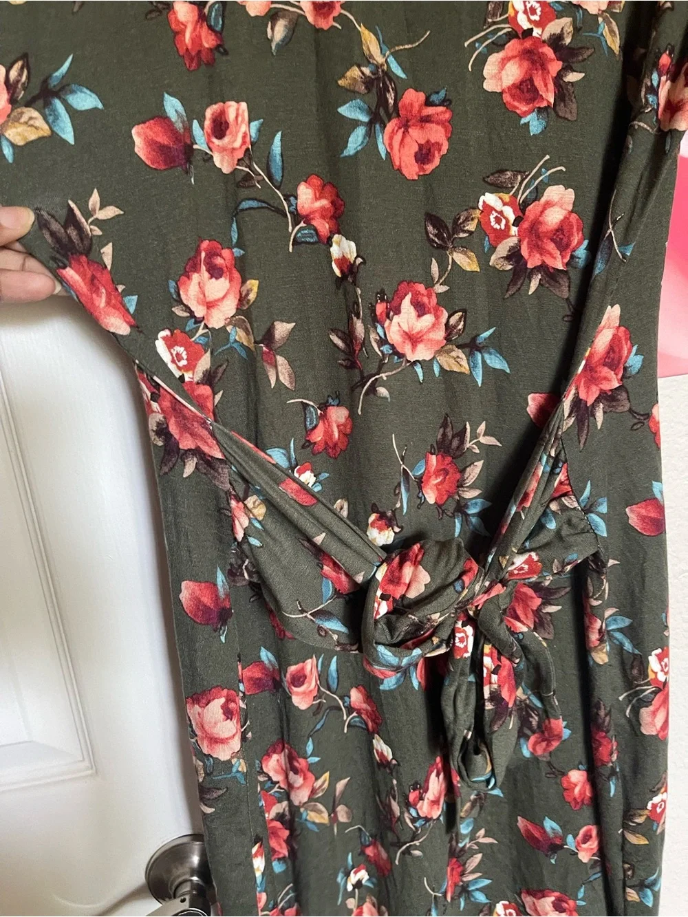 Plus Size Womens Olive Floral midi Dress with front knot  size 2X pre